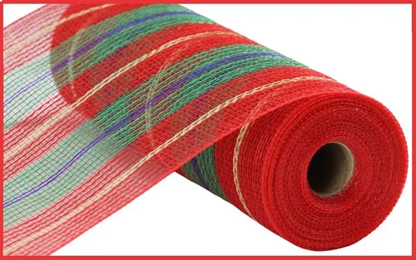 10.25" X 10Yd Red/Emerald/Royal Blue/Gold Faux Jute/Thick Stripe Mesh  RY8334X7