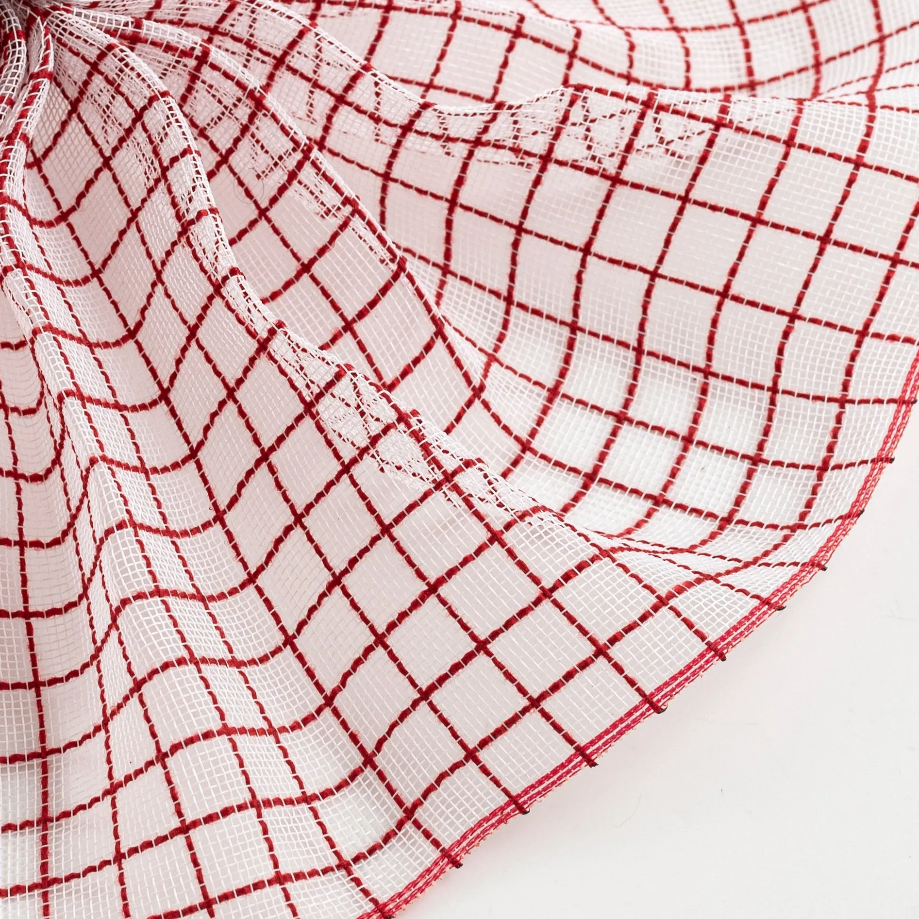 10" Fabric Fine Weave Check Mesh: White with Red