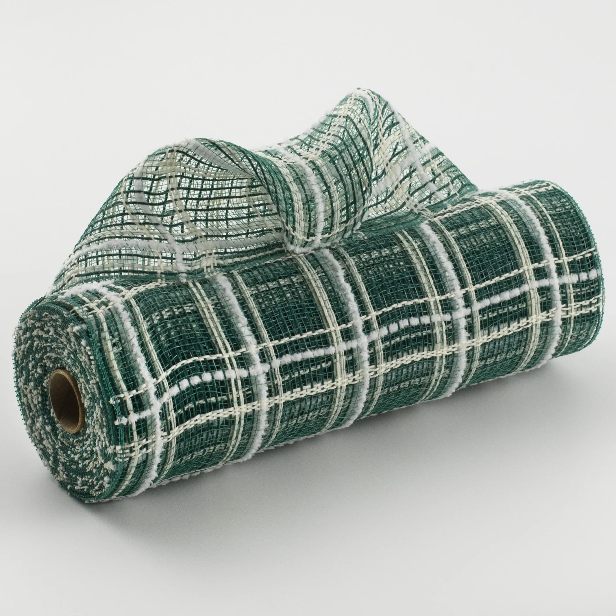 10" Fabric Plaid Mesh: Green Jute, Cream & White Fuzz