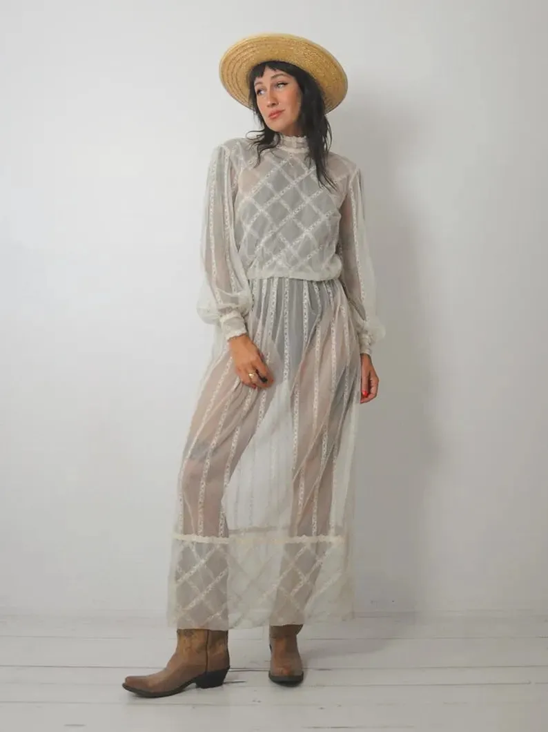 1970's Ivory Sheer Netted Dress