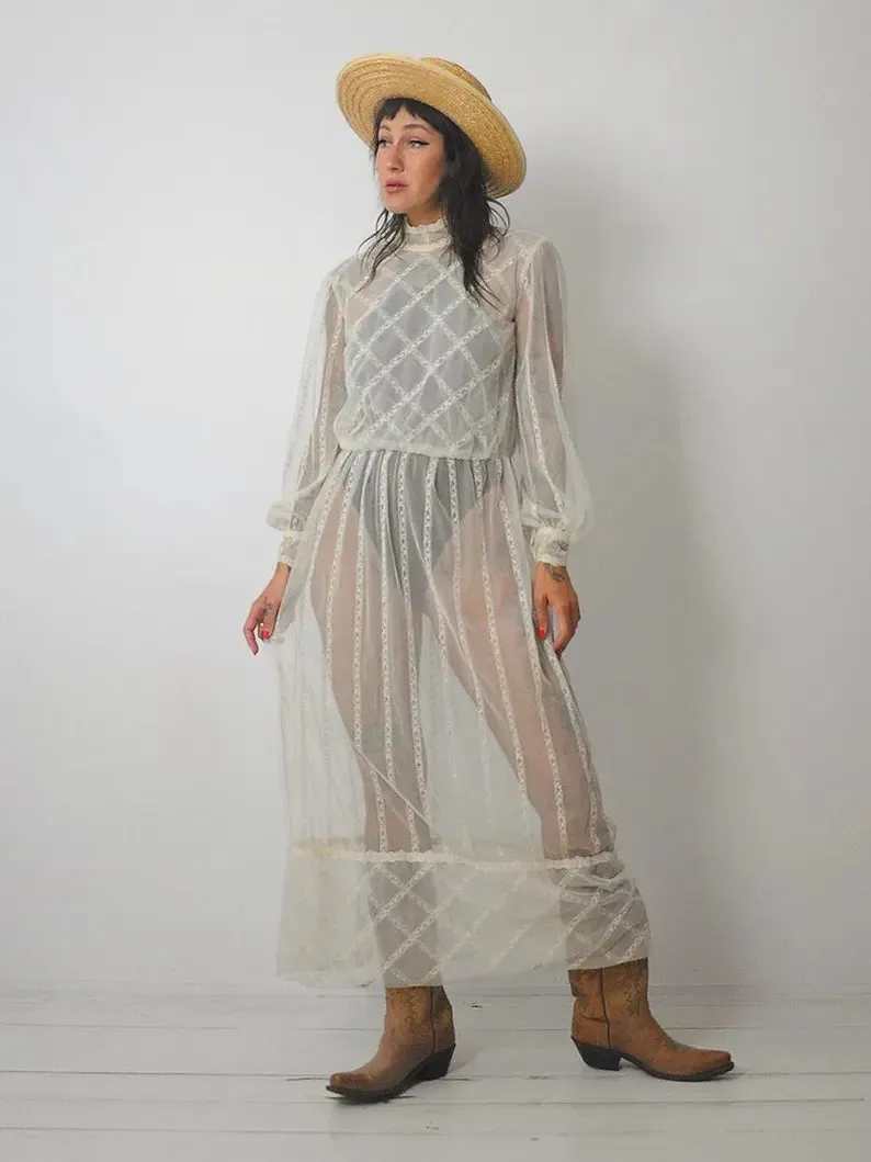 1970's Ivory Sheer Netted Dress