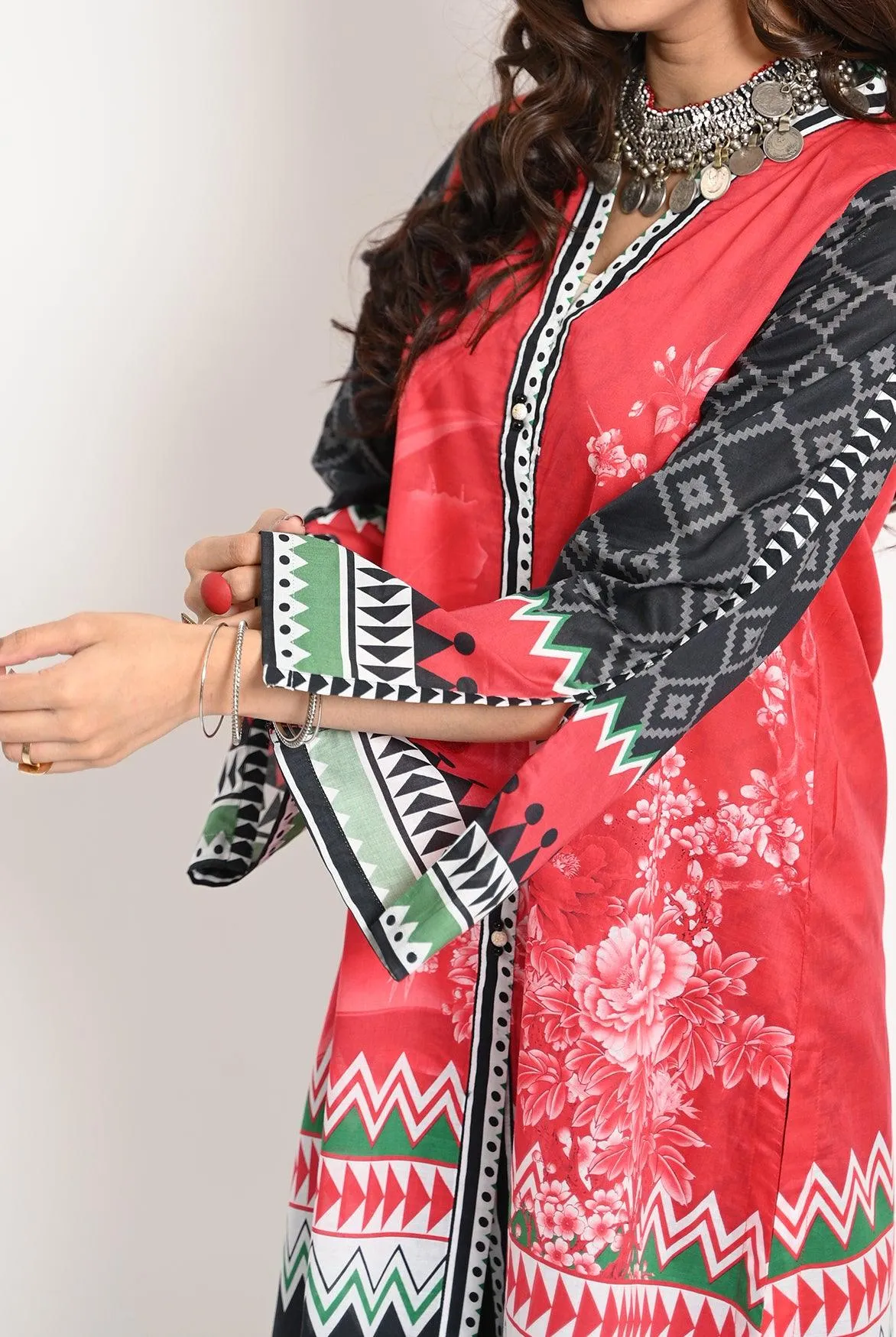 1PC | LAWN BOLD RED WITH STRIKING BLACK AND GEOMETRICC PATTERNS KURTI |RTW