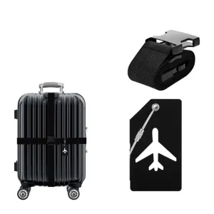 (2-piece set) Luggage tag with address label   luggage strap - black