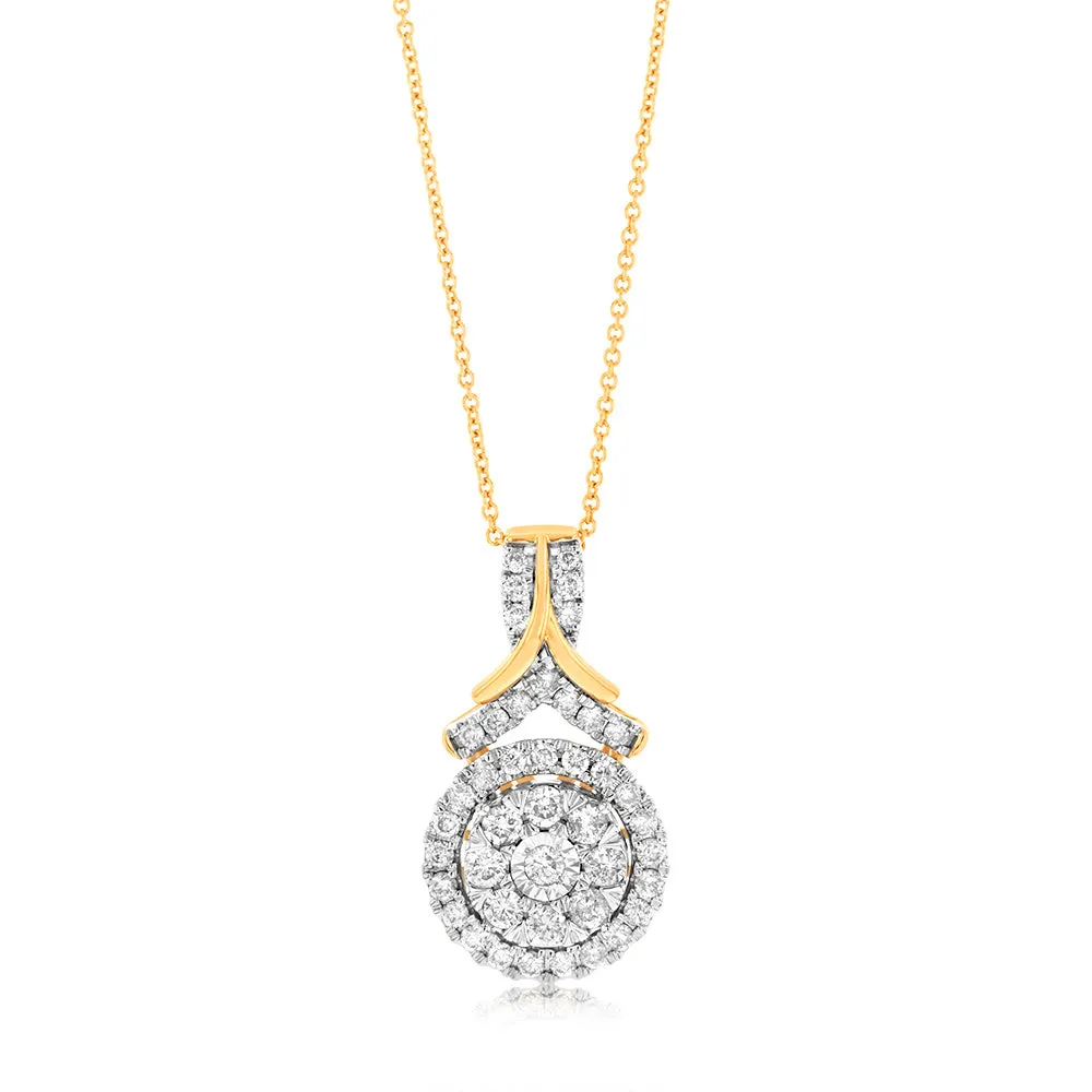 9ct Yellow Gold 1 Carat Diamond Pendant with 43 Diamonds On 45cm Chain