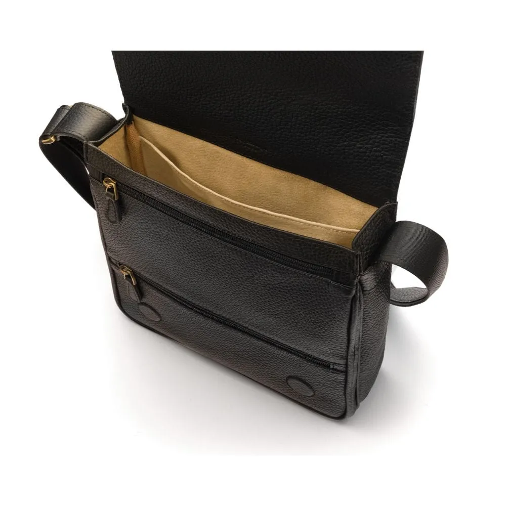 A4 Portrait Medium Leather Messenger Bag - Black Pebble Grain