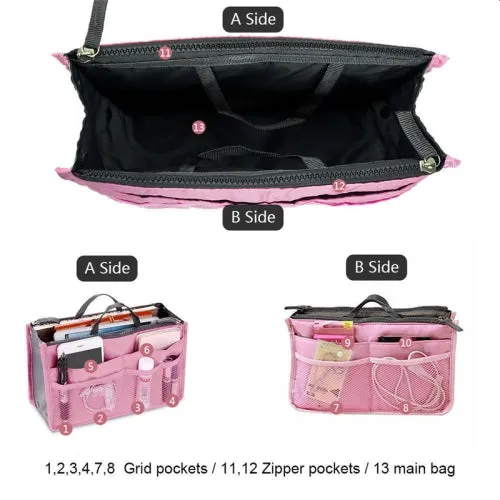 Bag Organiser Insert with 13 Pockets and Zippers