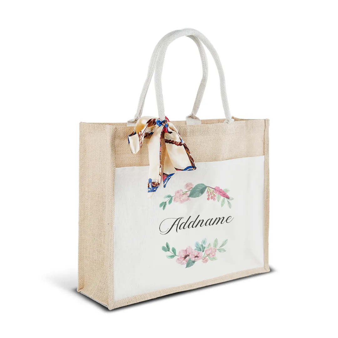 Beautiful Flower Wreath Jute Bag with Front Pocket