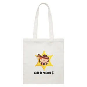 Birthday Cowboy Style Little Cowgirl Holding Toy Horse In Star Badge Addname White Canvas Bag