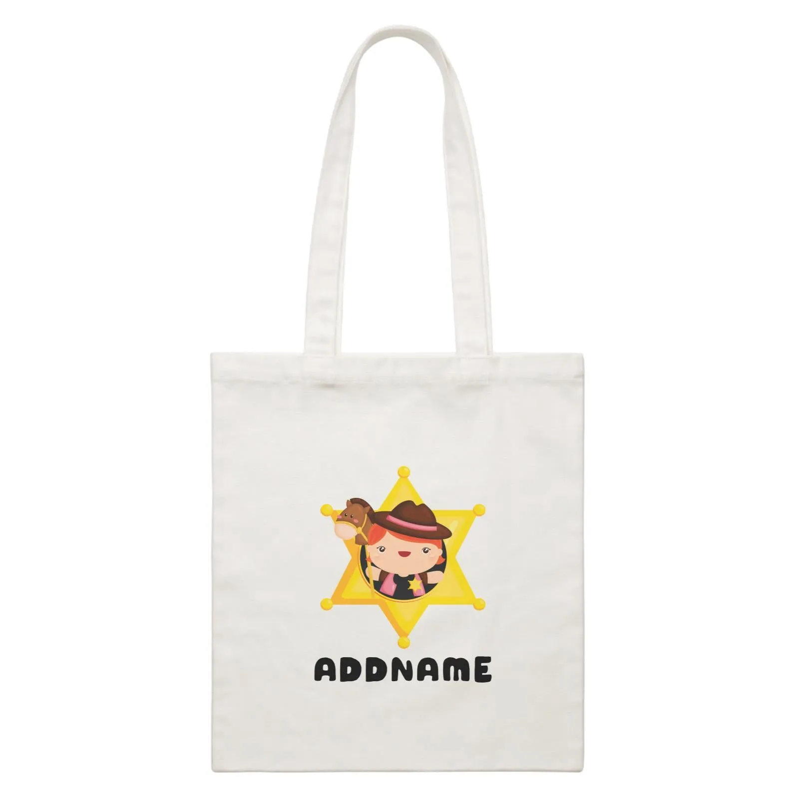 Birthday Cowboy Style Little Cowgirl Holding Toy Horse In Star Badge Addname White Canvas Bag