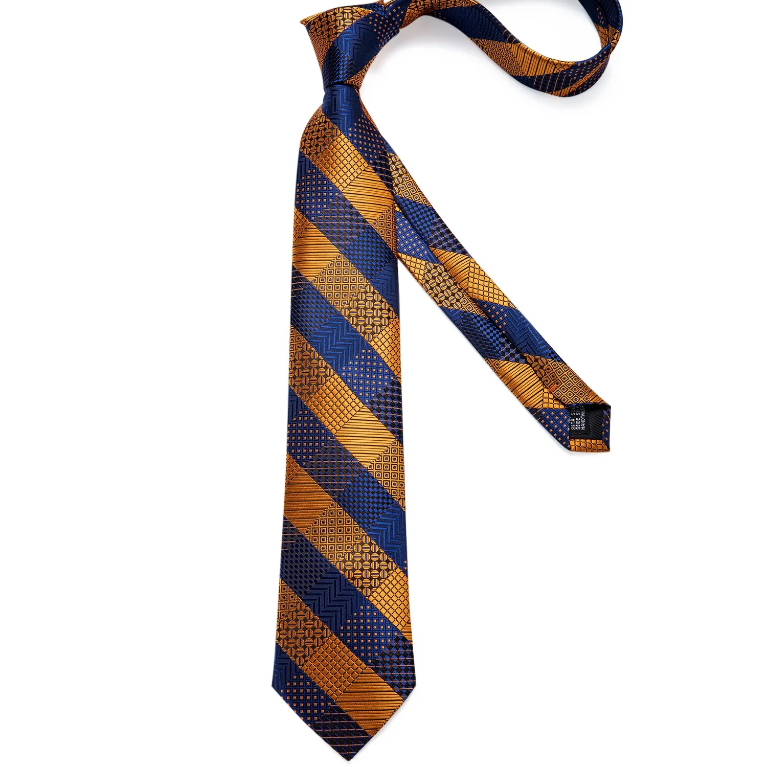 Blue Golden Striped Tie Pocket Square Cufflinks Set with Spacious Ring