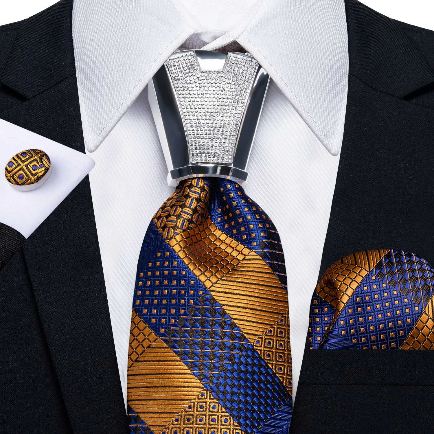 Blue Golden Striped Tie Pocket Square Cufflinks Set with Spacious Ring