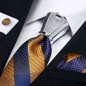 Blue Golden Striped Tie Pocket Square Cufflinks Set with Spacious Ring