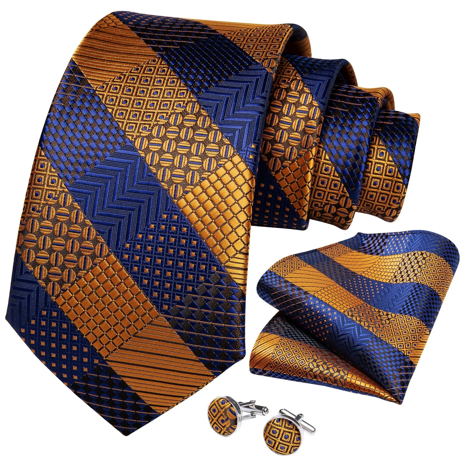 Blue Golden Striped Tie Pocket Square Cufflinks Set with Spacious Ring