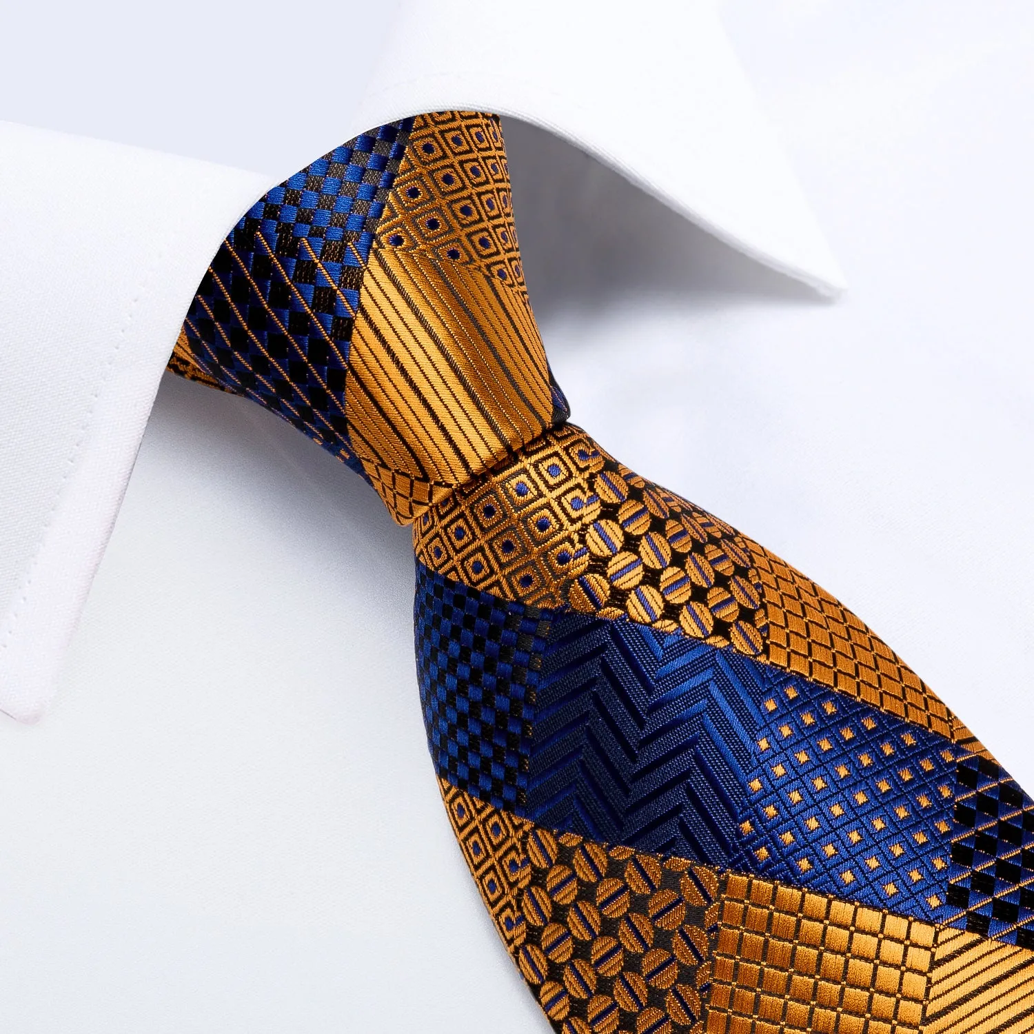 Blue Golden Striped Tie Pocket Square Cufflinks Set with Spacious Ring