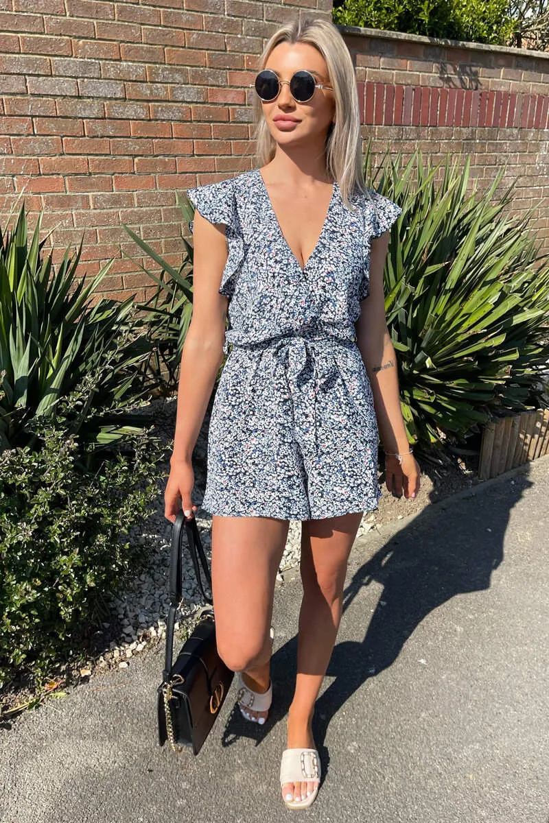 Blue Printed Wrap Tie Waist Playsuit