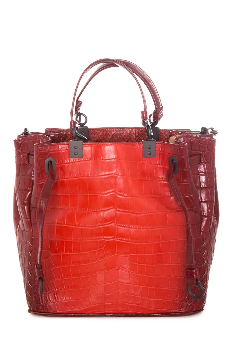 Bottega Veneta Red Vesuvio Croc Bucket Shoulder Bag