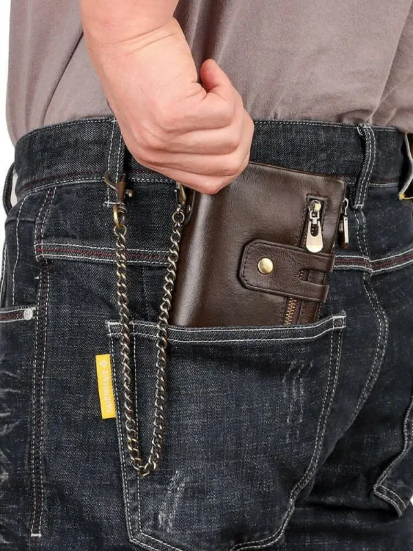 Brown Genuine Leather Wallet with Zippers and Chain Attachment