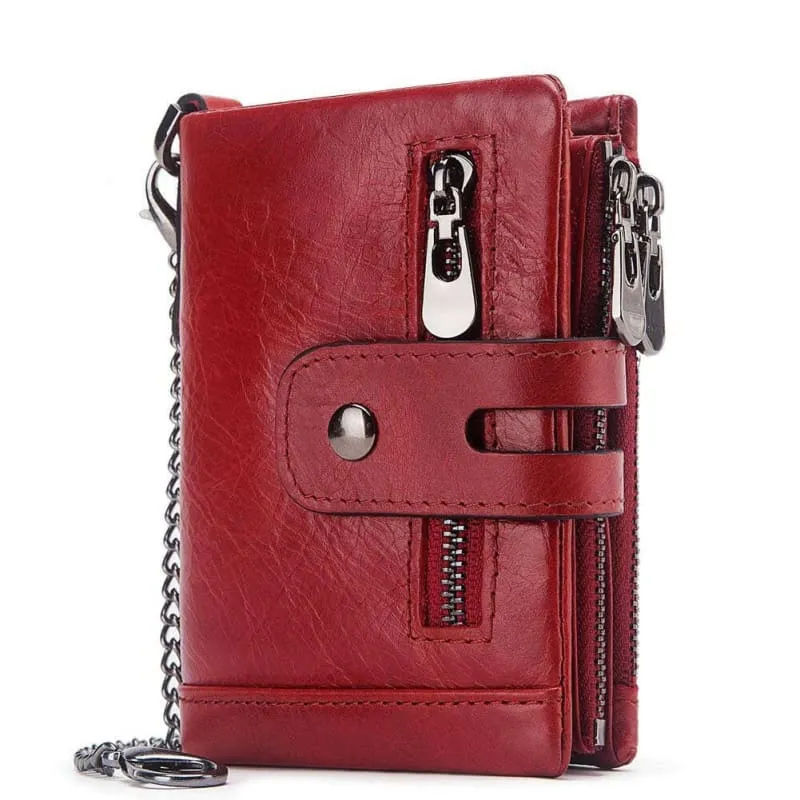 Brown Genuine Leather Wallet with Zippers and Chain Attachment