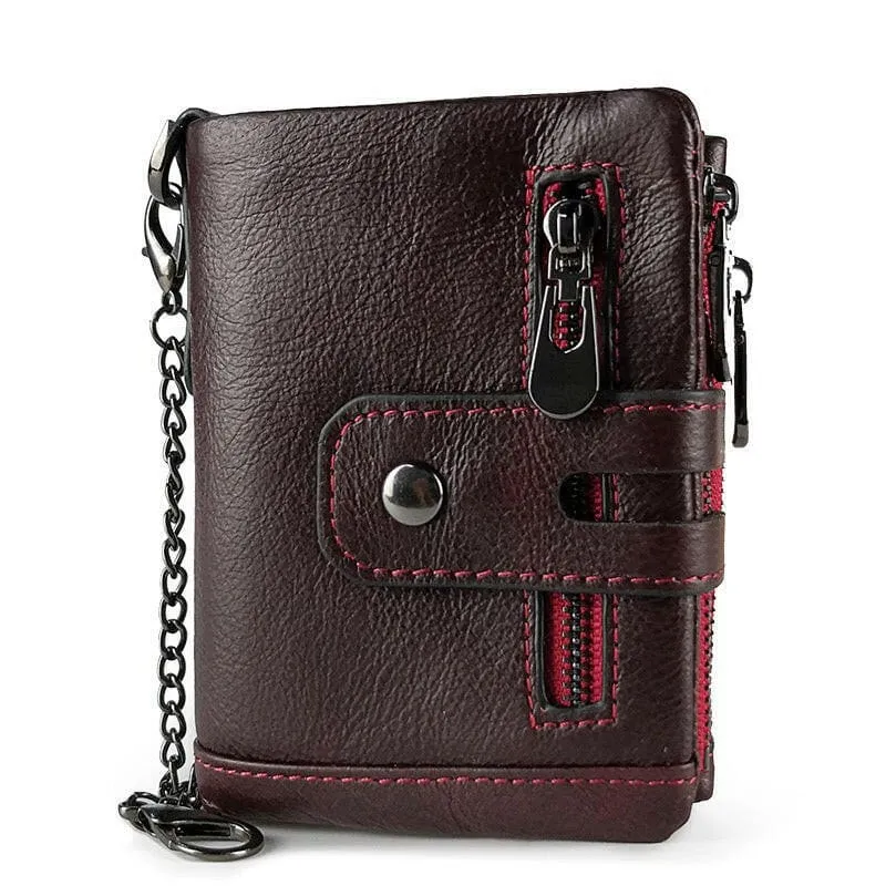 Brown Genuine Leather Wallet with Zippers and Chain Attachment