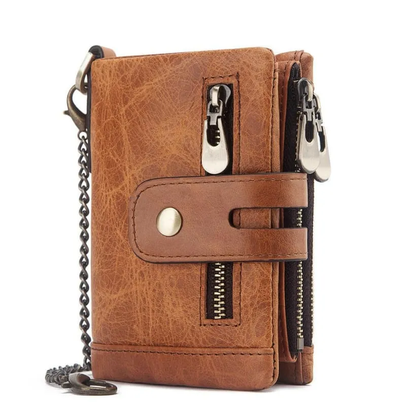 Brown Genuine Leather Wallet with Zippers and Chain Attachment