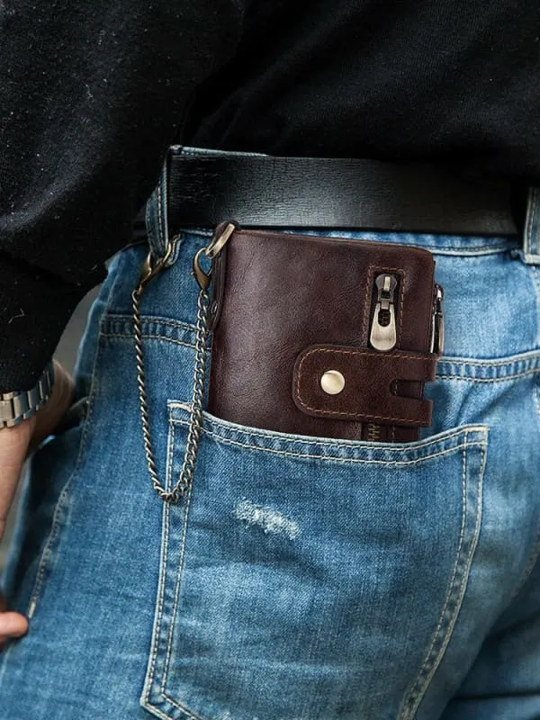 Brown Genuine Leather Wallet with Zippers and Chain Attachment