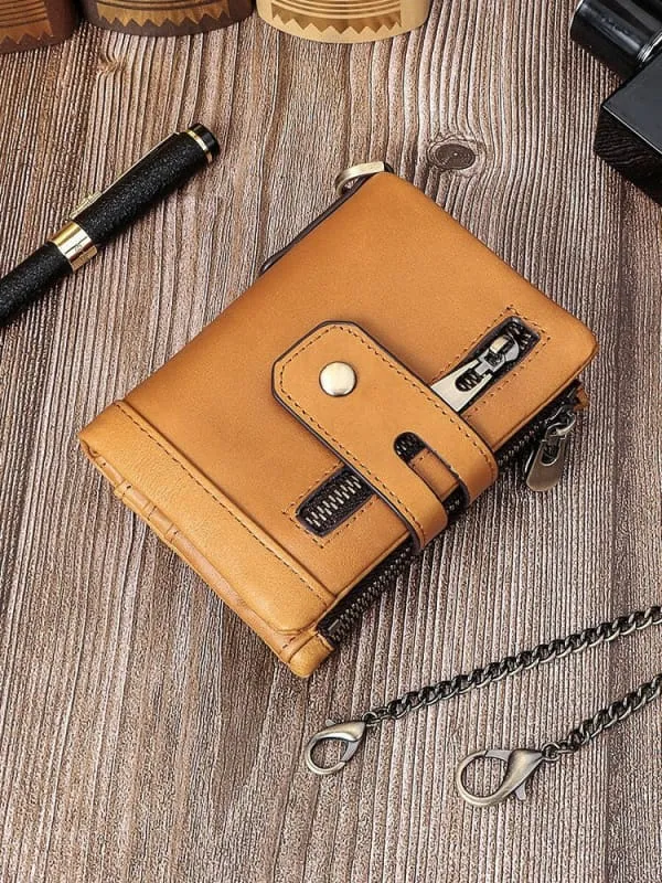 Brown Genuine Leather Wallet with Zippers and Chain Attachment