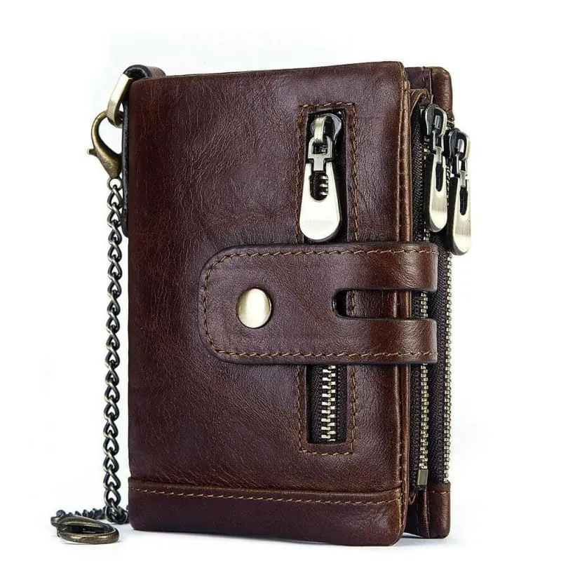 Brown Genuine Leather Wallet with Zippers and Chain Attachment