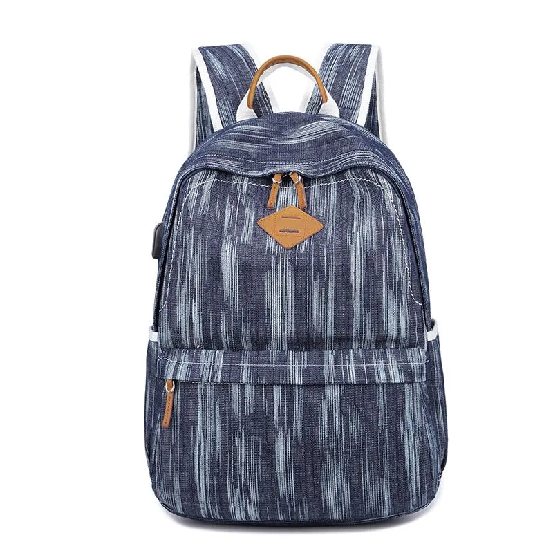 Canvas Women Mens 14" Navy Blue Travel Backpack Brown Computer Bag College Backpack for Men