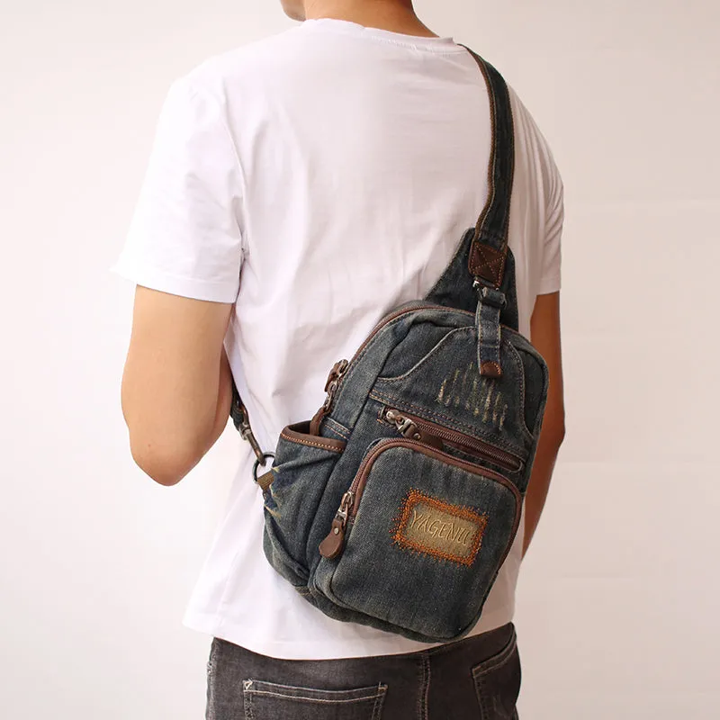 Cool Denim Mens Sling Bag Chest Bag Vintage Blue Denim Sling Bag For Men