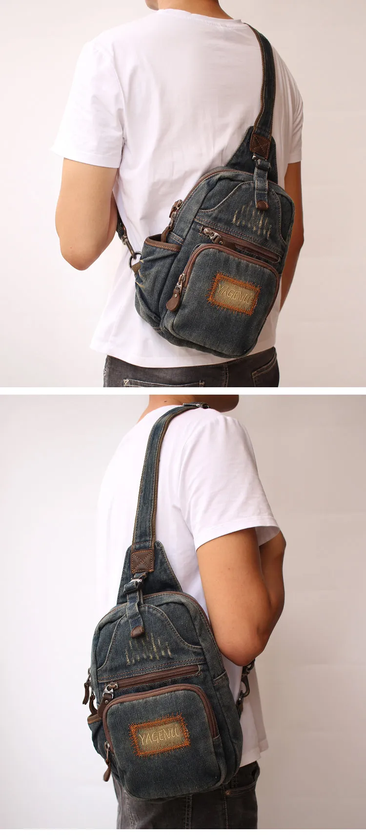 Cool Denim Mens Sling Bag Chest Bag Vintage Blue Denim Sling Bag For Men