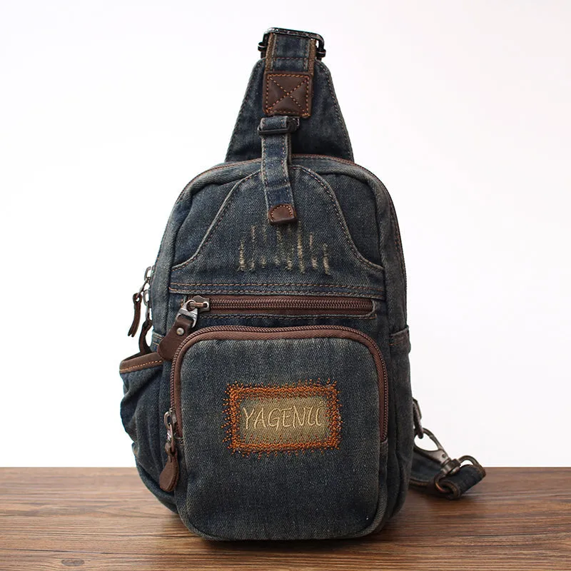 Cool Denim Mens Sling Bag Chest Bag Vintage Blue Denim Sling Bag For Men