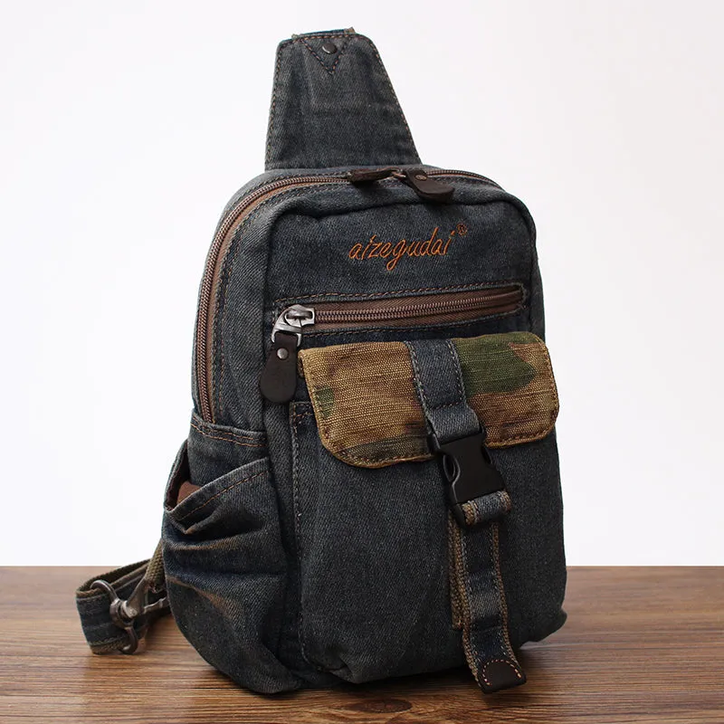 Cool Denim Mens Sling Bag Chest Bag Vintage Blue Denim Sling Bag For Men