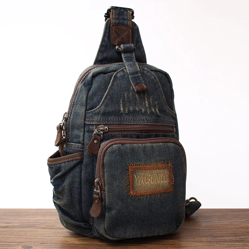 Cool Denim Mens Sling Bag Chest Bag Vintage Blue Denim Sling Bag For Men