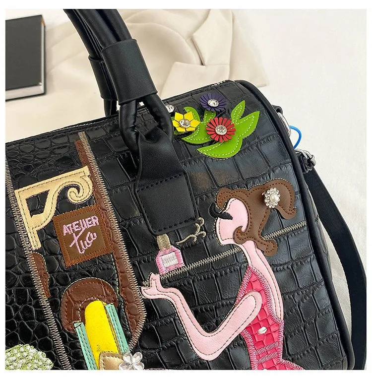 Cross Body Patchwork Embroidered Tablet-Friendly Boston Bag