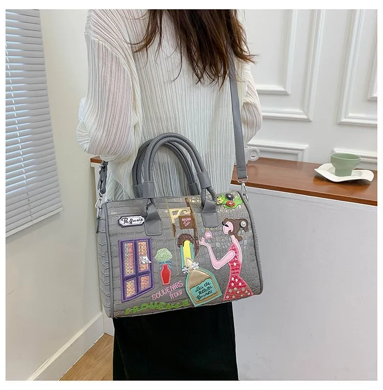 Cross Body Patchwork Embroidered Tablet-Friendly Boston Bag