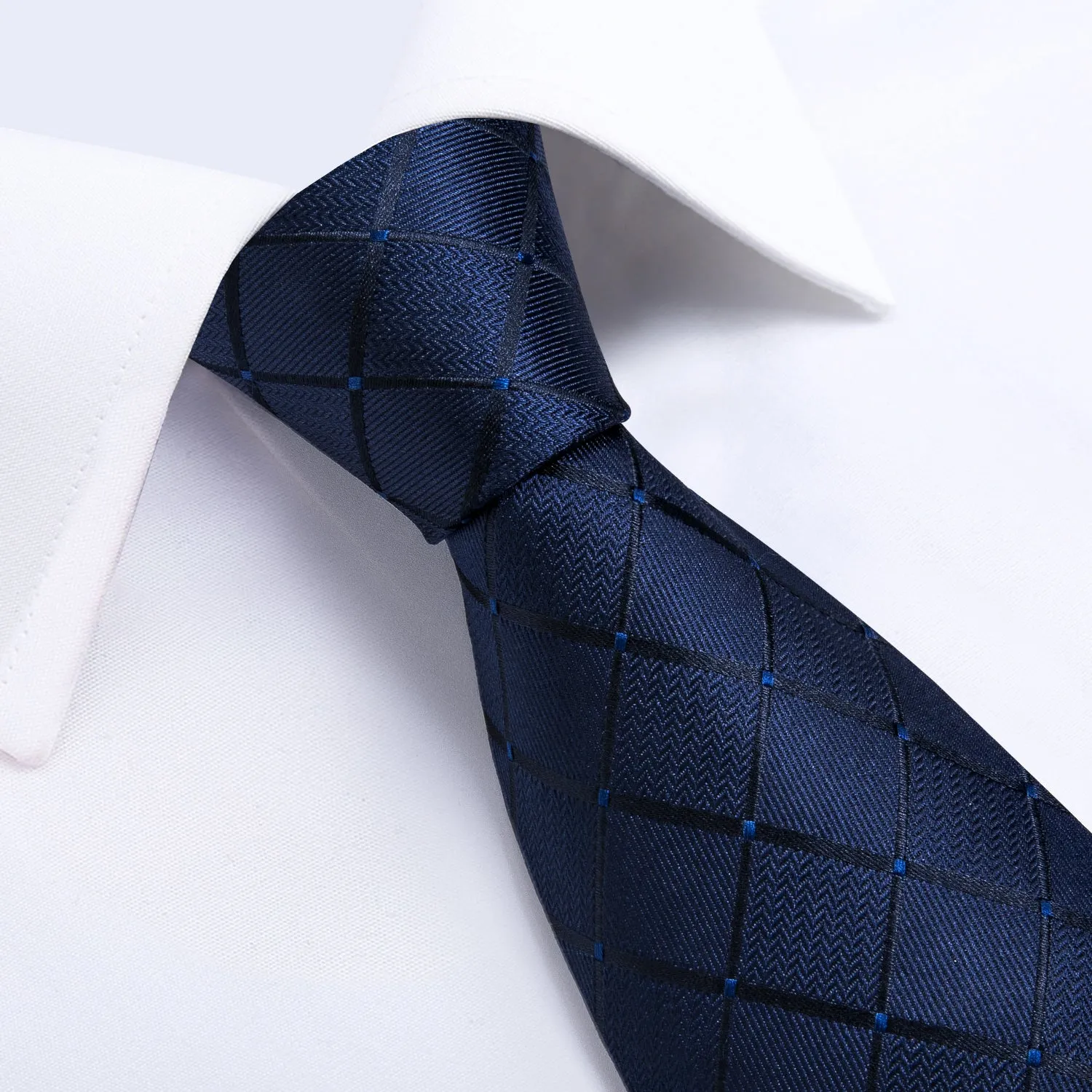 Deep Blue Plaid Tie Pocket Square Cufflinks Set with Spacious Ring