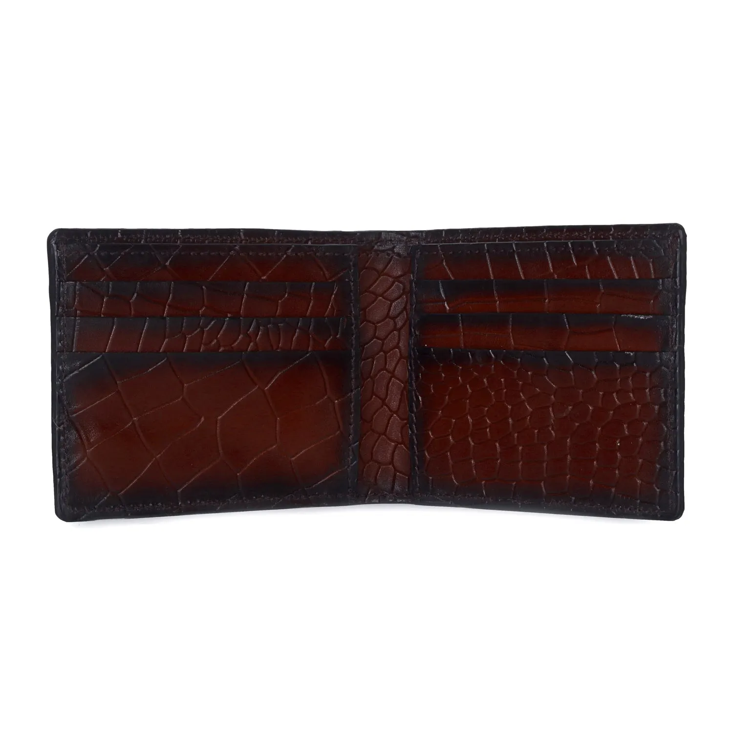 Espresso Bi-Fold Wallet in Croco Textured Leather with Metal Lion Logo