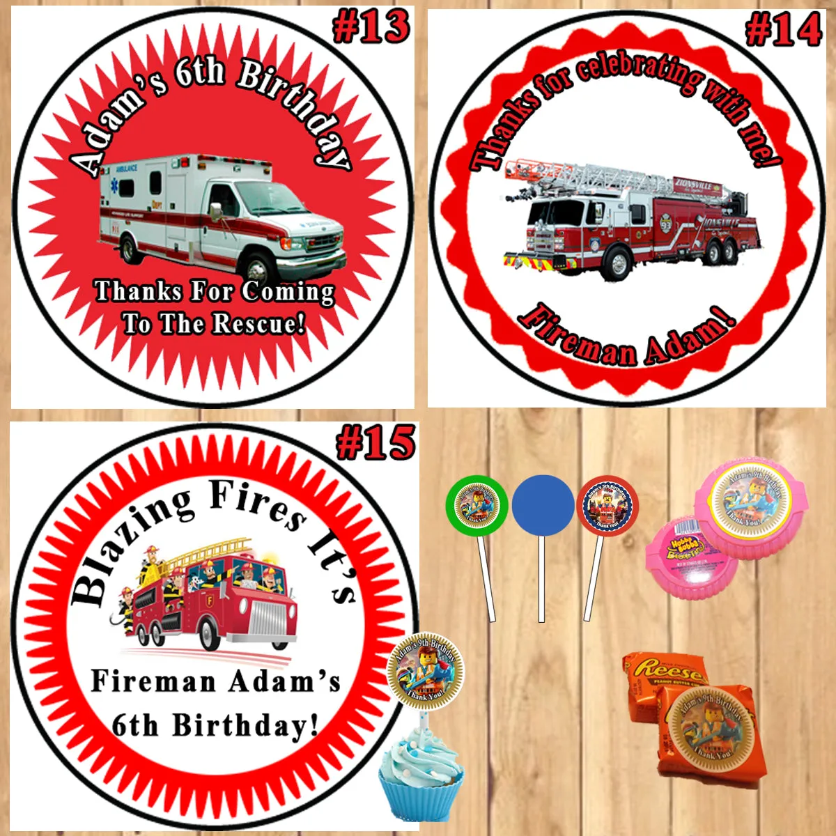 Firefighter Fire Truck Fireman Birthday Round Stickers Printed 1 Sheet Cup Cake Toppers Favor Stickers Personalized Custom Made