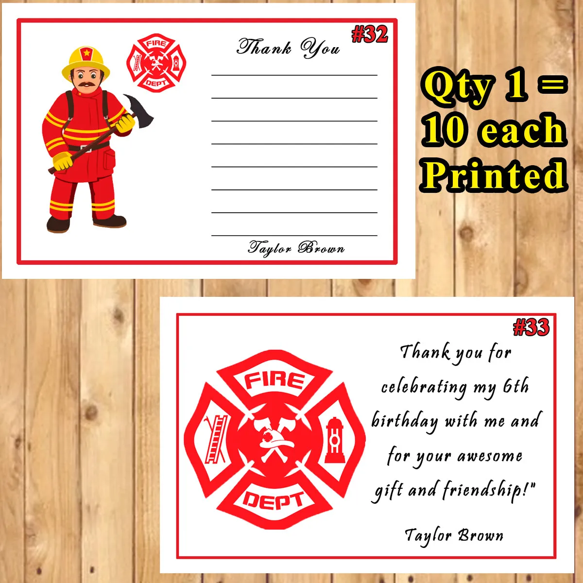 Firefighter Fire Truck Fireman Birthday Thank You Cards 10 each With or Without Env Printed Personalized Custom Made