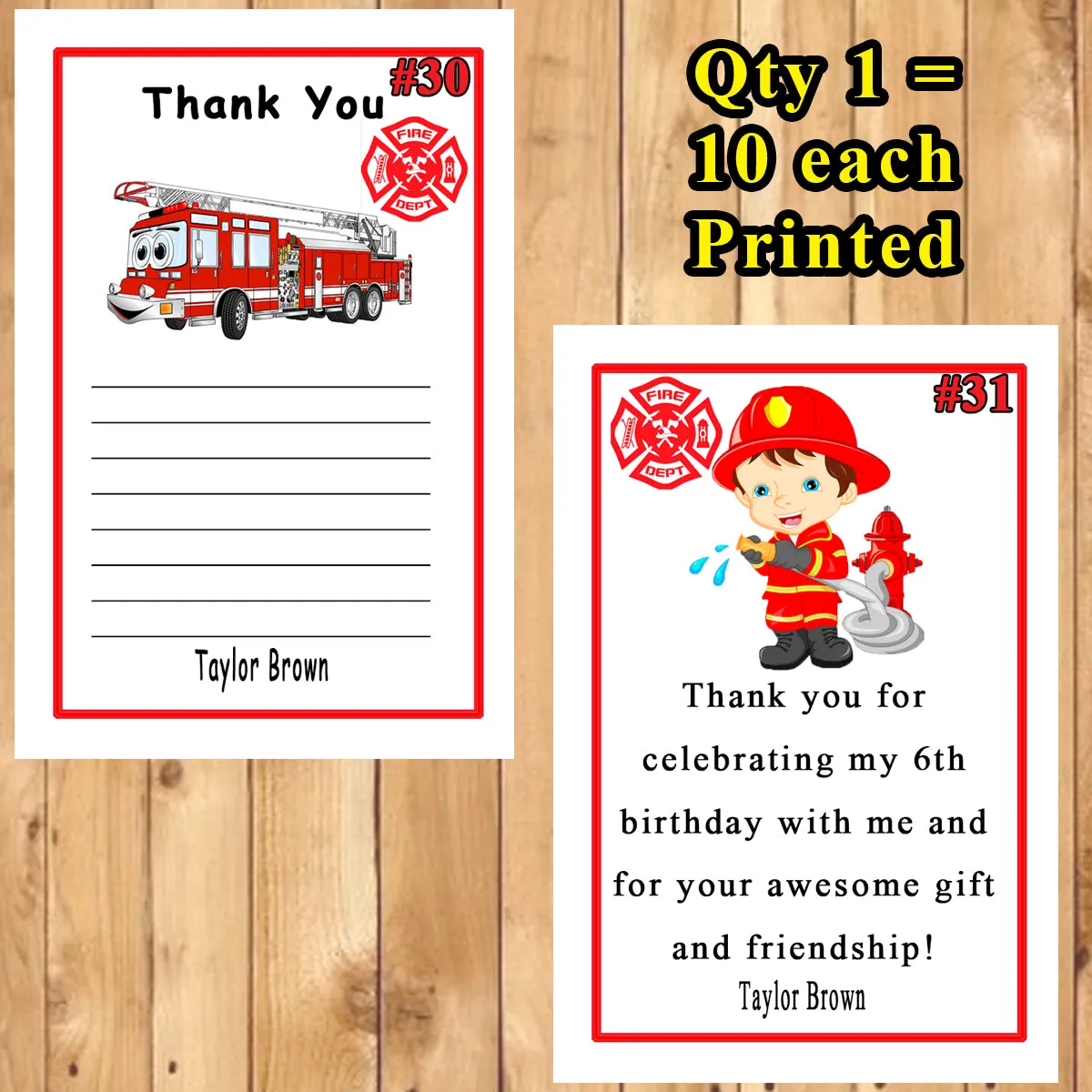 Firefighter Fire Truck Fireman Birthday Thank You Cards 10 each With or Without Env Printed Personalized Custom Made