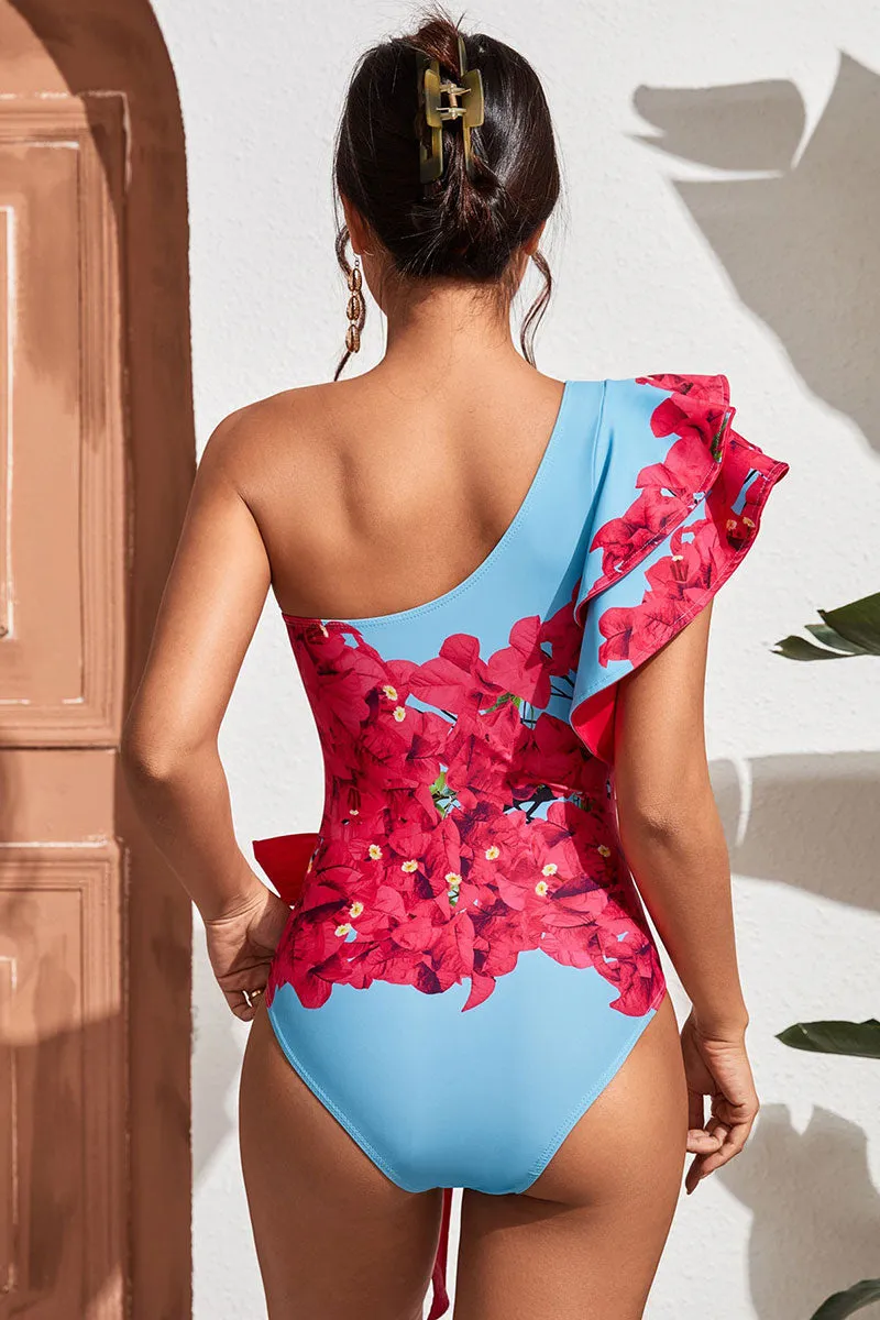 Floral Print Striking Ruffle Lace-Up One Piece Swimwear & Beachwear