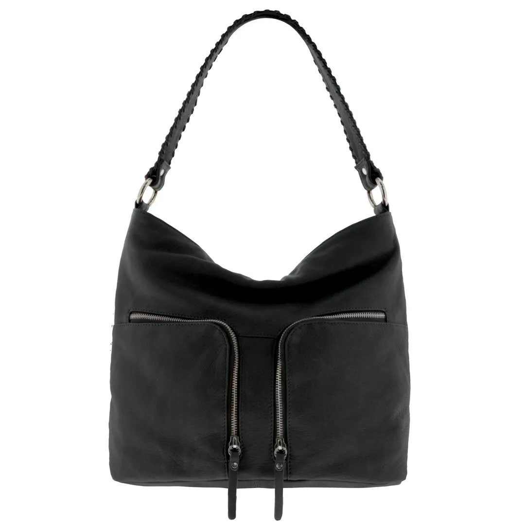 GABEE SOFT LEATHER ASH DOUBLE ZIP SHOULDER BAG BLACK