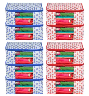 Heart Home Dot Printed Non-Woven Saree Cover, Cloth Organizer, Wardrobe Organiser With Tranasparent Window- Pack of 10 (Blue & Pink)-46HH0514