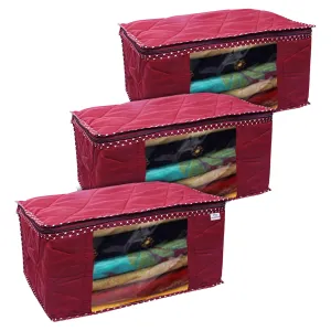 Heart Home Multiuses Foldable Parachute Saree Covers/Clothes Storage Bag/Wardrobe Organizer With Transparent Window- Pack of 3 (Maroon)