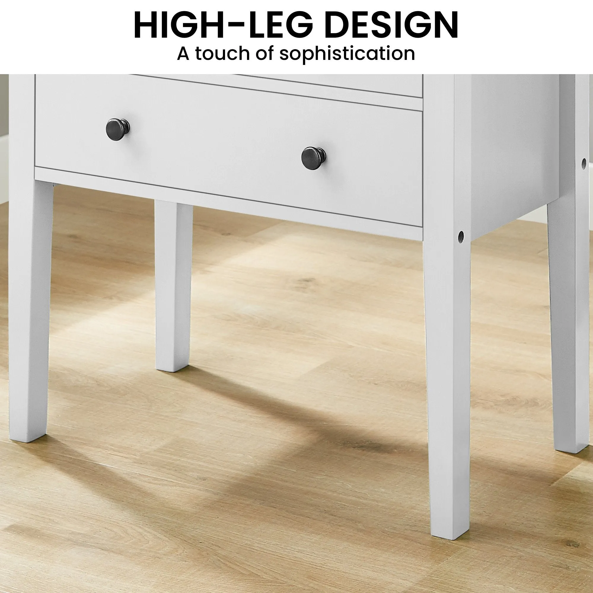 High-Leg Bedside Table, Spacious Drawers - White | Sarantino