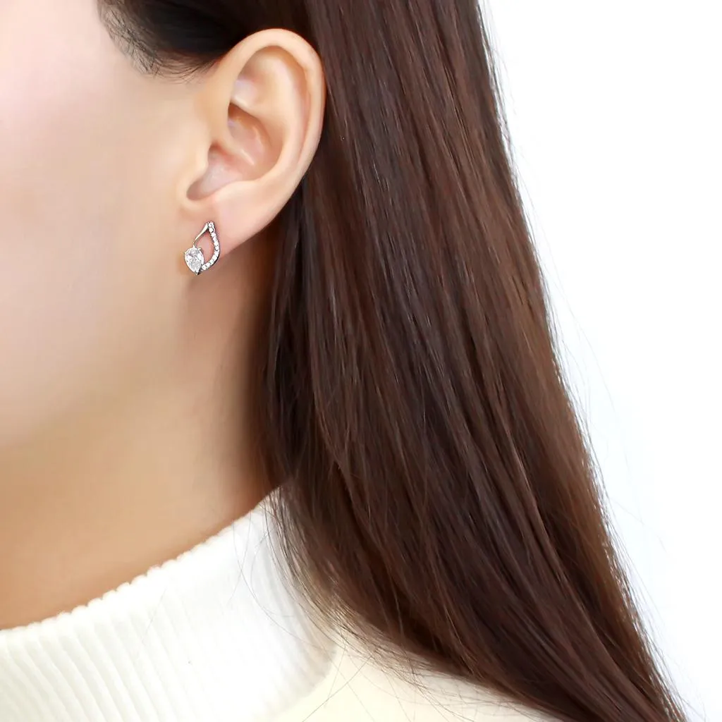 High polished (no plating) Stainless Steel Earrings with AAA Grade CZ in Clear for Women Clear Stone Color Style DA290