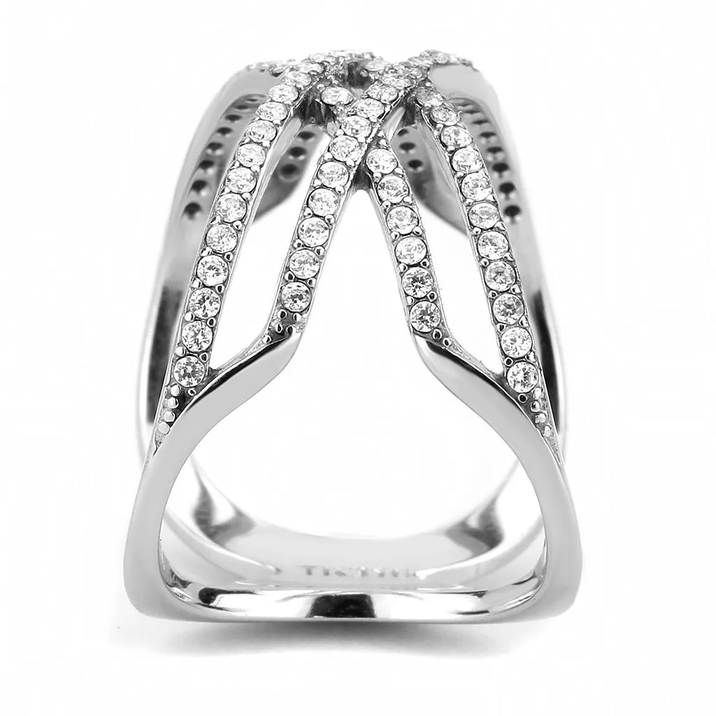 High polished (no plating) Stainless Steel Ring with AAA Grade CZ in Clear for Women Style DA255