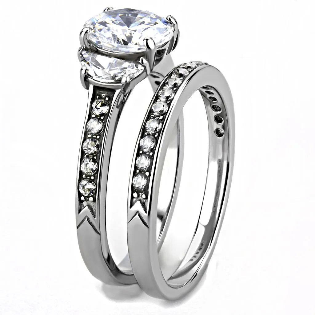 High polished (no plating) Stainless Steel Ring with AAA Grade CZ in Clear for Women Style TK3509