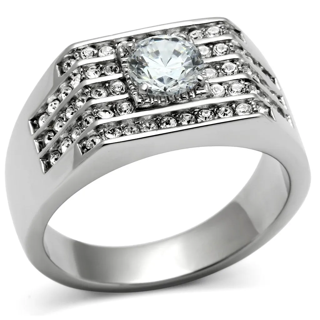 High polished (no plating) Stainless Steel Ring with AAA Grade CZ in Clear for Women Style TK351