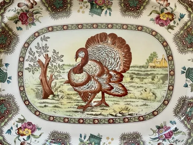 HUGE Vintage Spode Upland Polychrome Transferware Turkey Platter 23"